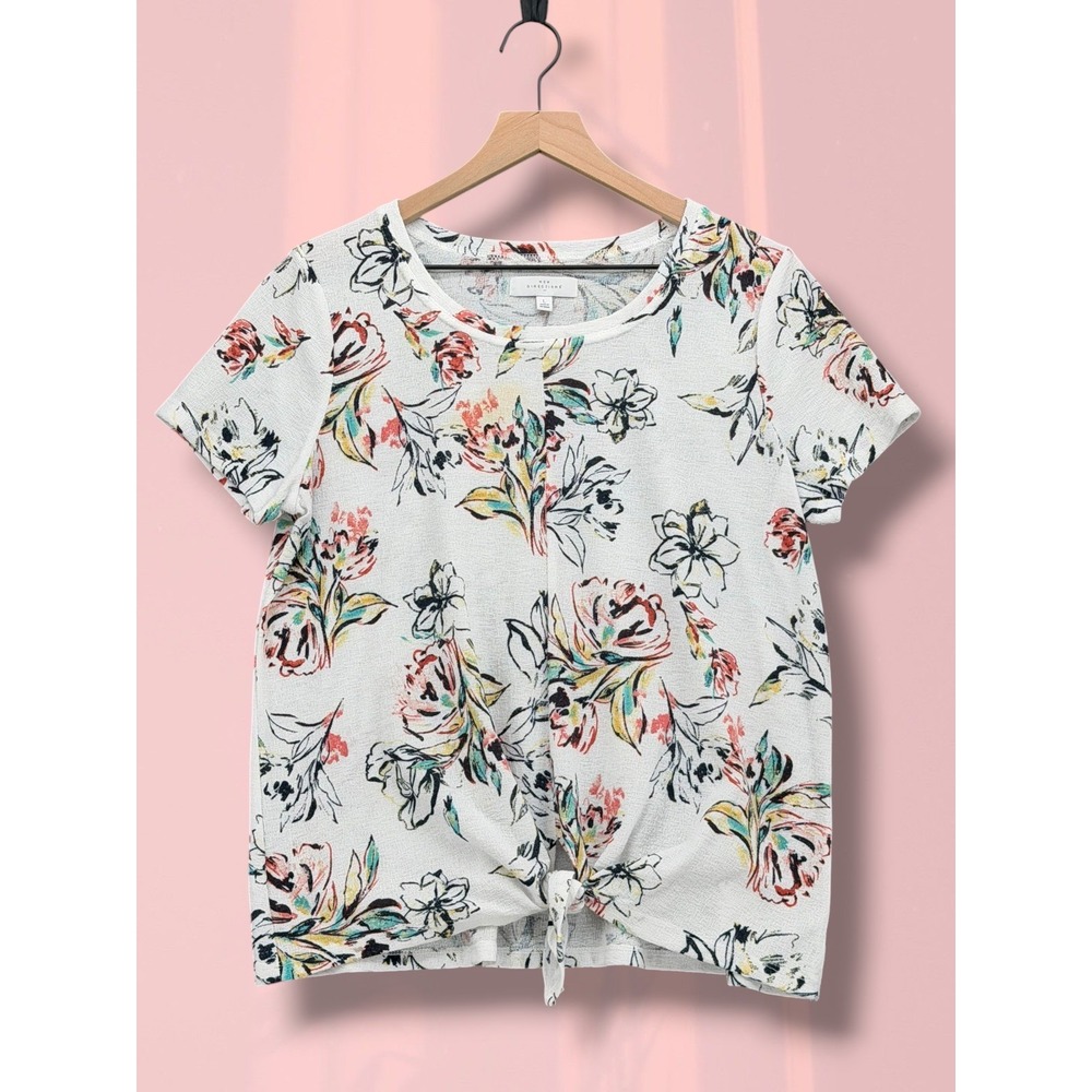 New Directions Floral Front Tie Textured Knit Short Sleeve Top Large